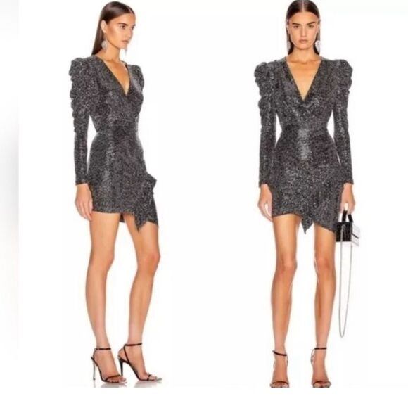 Dresses & Skirts - IRO  Paris LouLou Sequin Long Sleeve V-neck Mini Dress in Black & Silver Size 40